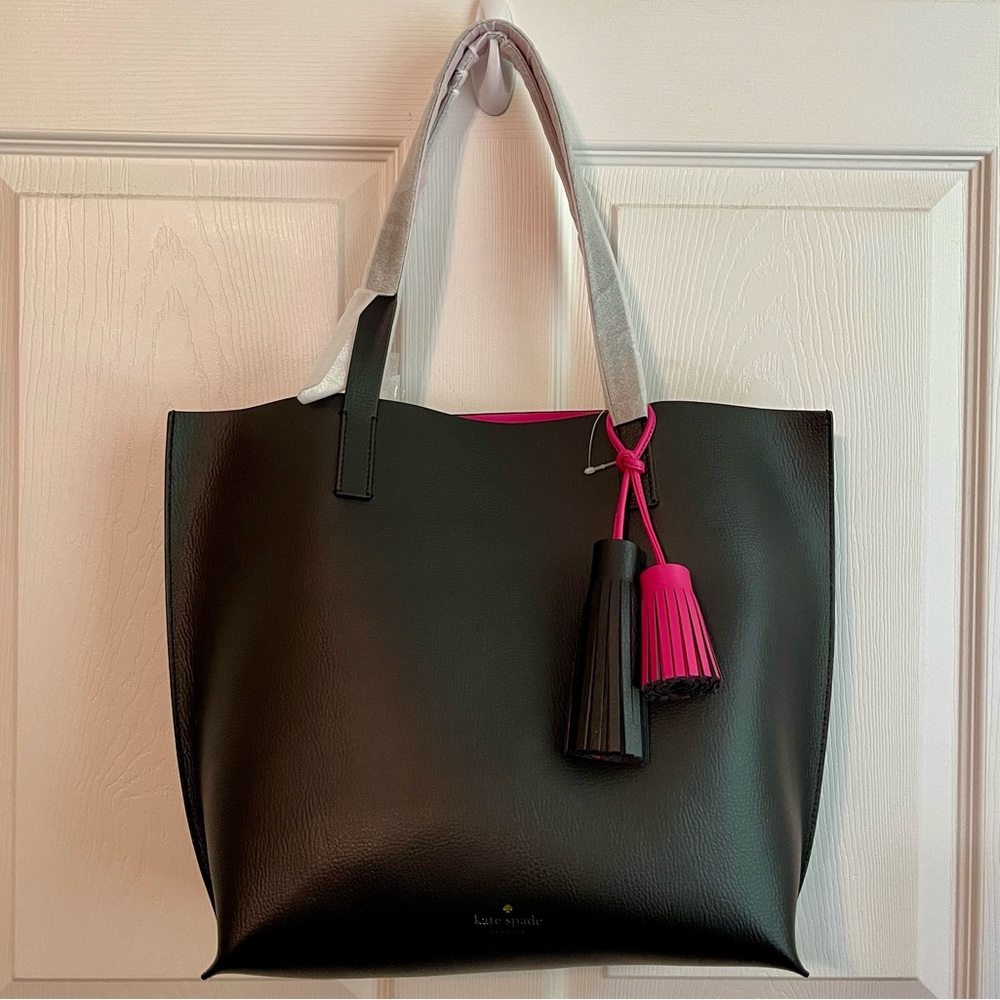 KATE SPADE BLACK AND PINK PEBBLED LEATHER SASHA FOSTER COURT TOTE NWT